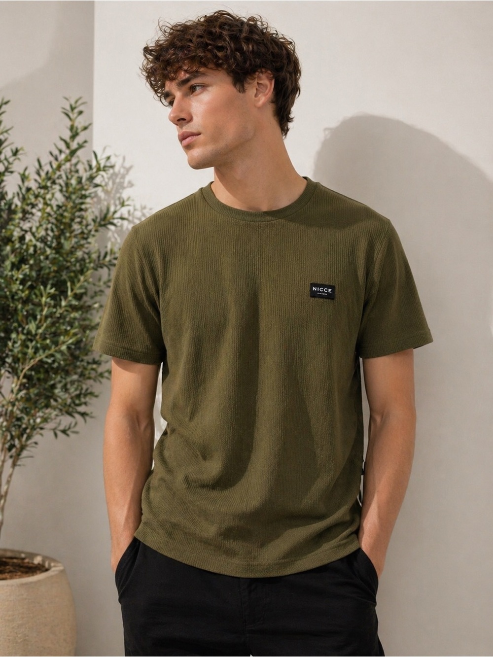 Nicce Olive Green Waffle Knit T-Shirt Minimalist Streetwear Basic Tee Men’s M